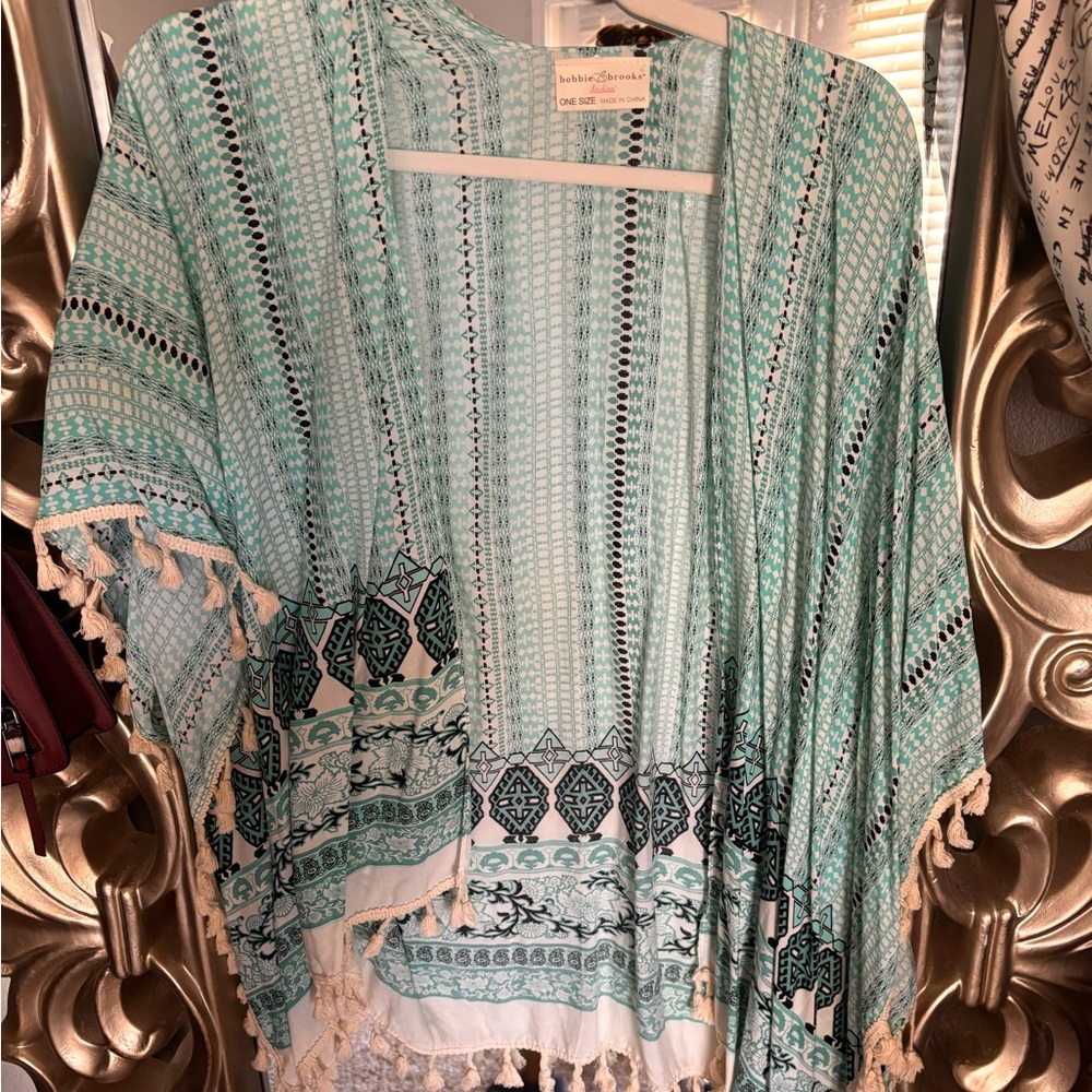 Boho Fringe Open-Front Kimono in Teal Pattern